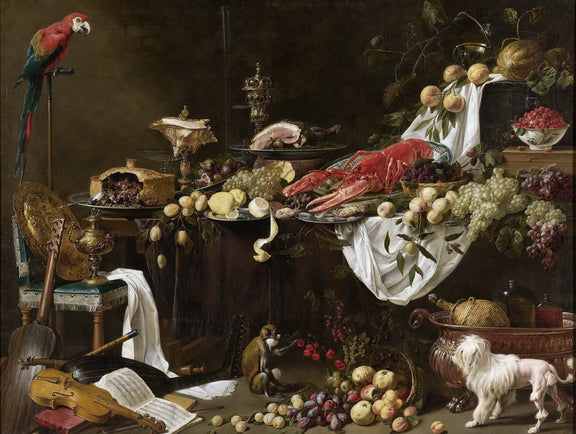 Baroque Feast with Lobster and Parrot - Still Life Oil Painting - Oil Painting Haven