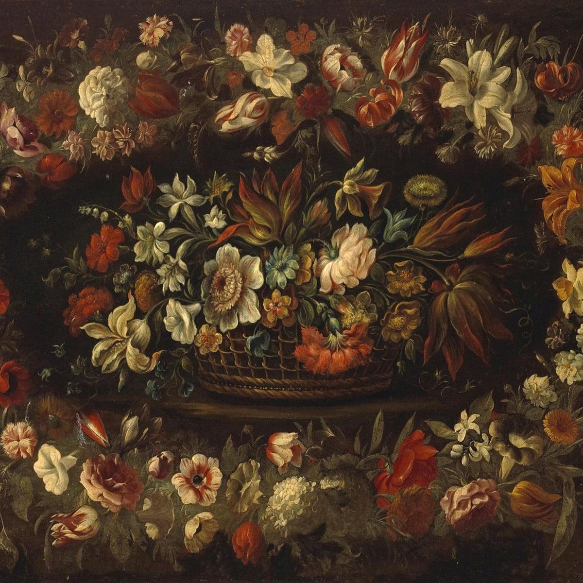 Baroque Flower Garland with Basket Still Life – Floral Oil Painting - Oil Painting Haven