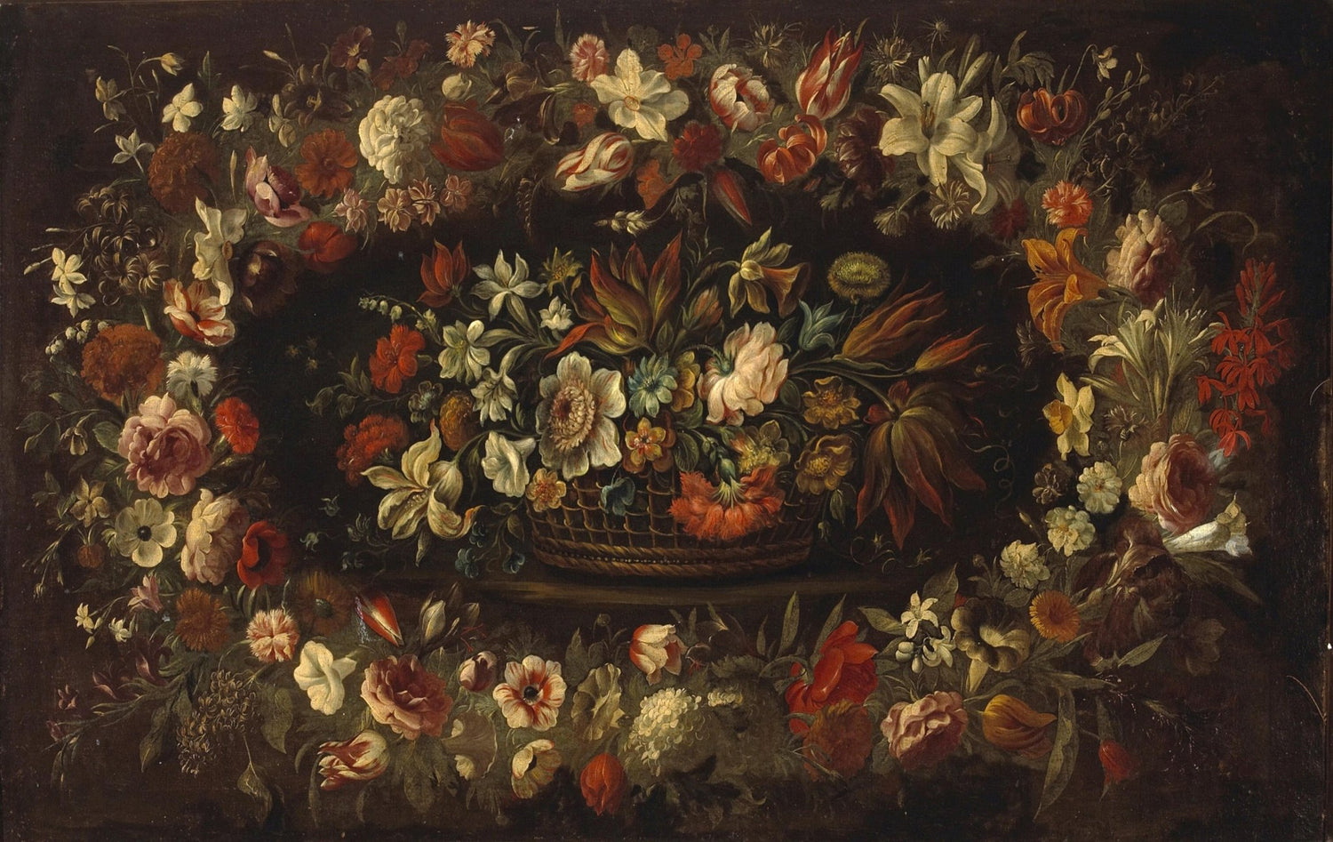 Baroque Flower Garland with Basket Still Life – Floral Oil Painting - Oil Painting Haven