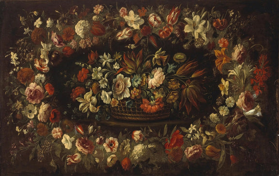 Baroque Flower Garland with Basket Still Life – Floral Oil Painting - Oil Painting Haven