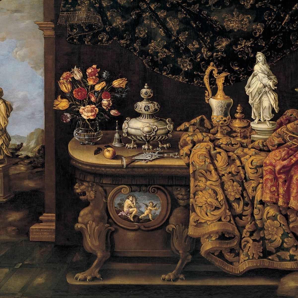 Baroque Flowers and Silverware on Velvet Table - Still Life Oil Painting - Oil Painting Haven