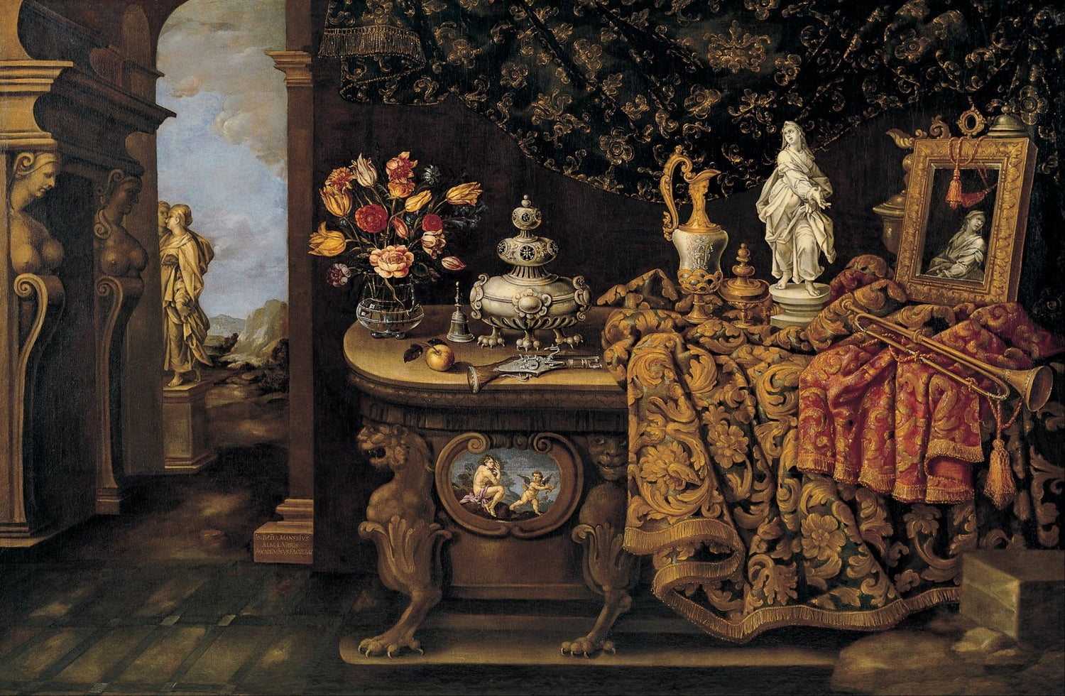 Baroque Flowers and Silverware on Velvet Table - Still Life Oil Painting - Oil Painting Haven