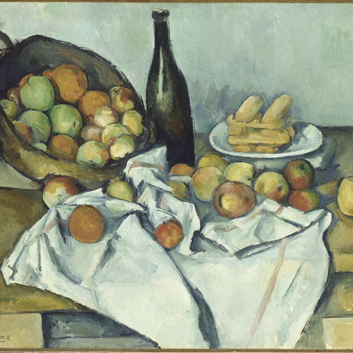 Basket of Apples with Bottle and Bread - Still Life Oil Painting - Oil Painting Haven