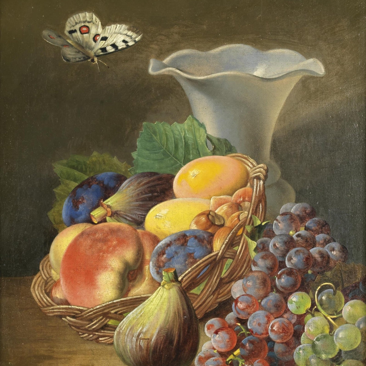 Basket of Grapes and Figs with Butterfly - Still Life Oil Painting - Oil Painting Haven