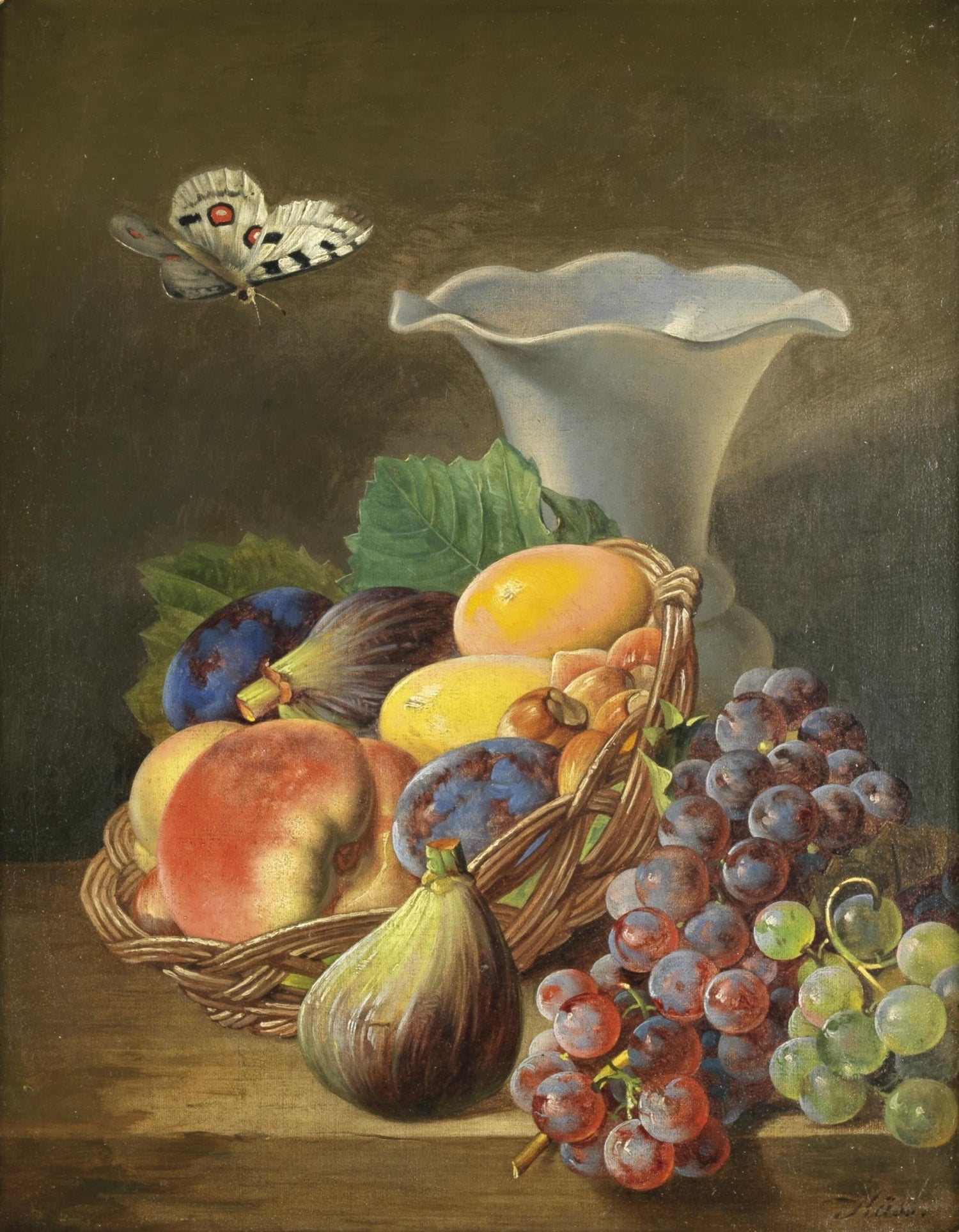 Basket of Grapes and Figs with Butterfly - Still Life Oil Painting - Oil Painting Haven