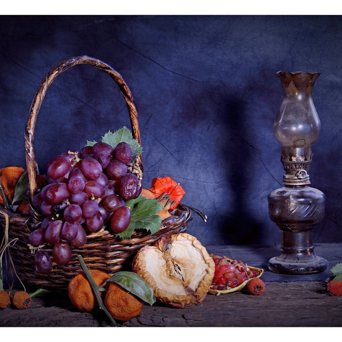 Basket of Grapes and Fruit with Oil Lamp - Still Life Oil Painting - Oil Painting Haven