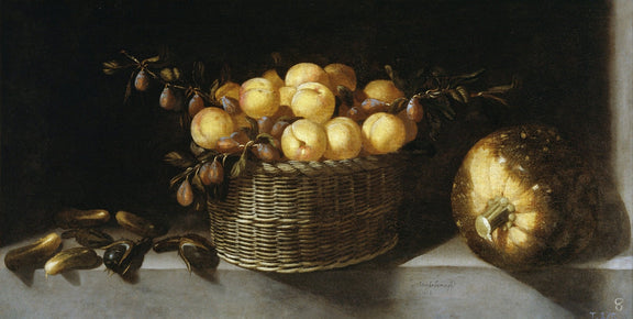 Basket of Peaches and Plums with Melon - Still Life Oil Painting - Oil Painting Haven