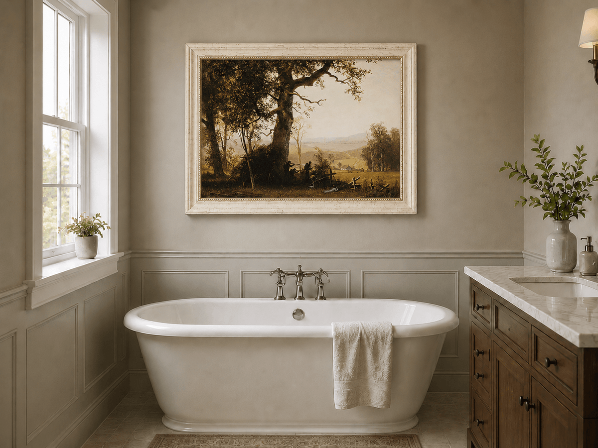 Framed hand-painted historical landscape oil painting with a battle scene in the forest displayed above a freestanding bathtub.
