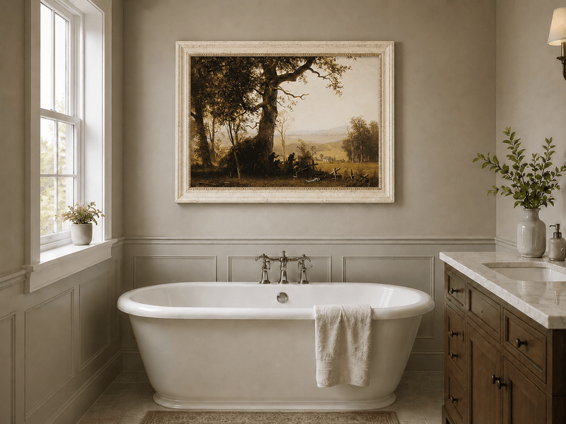 Framed hand-painted historical landscape oil painting with a battle scene in the forest displayed above a freestanding bathtub.