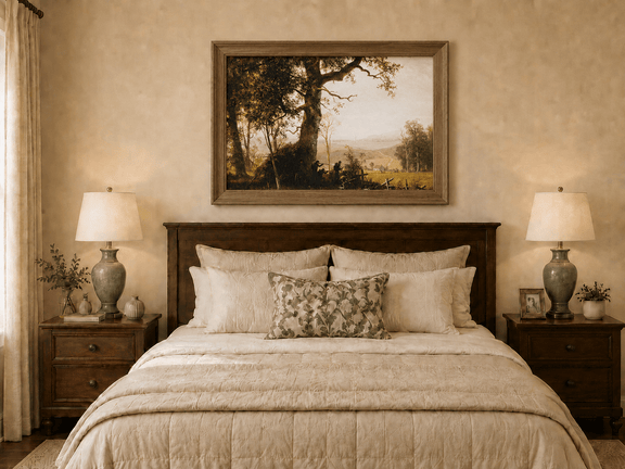 Framed hand-painted historical landscape oil painting with a battle scene in the forest displayed above a wooden bed in a neutral bedroom.