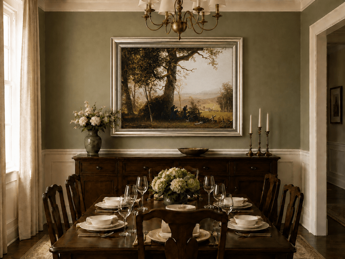 Framed hand-painted historical landscape oil painting with a battle scene in the forest displayed above a formal dining table.