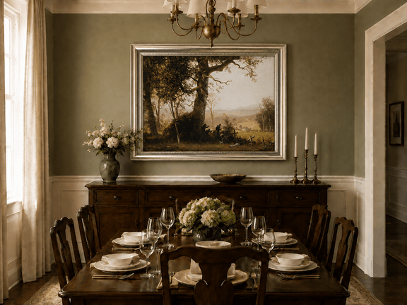 Framed hand-painted historical landscape oil painting with a battle scene in the forest displayed above a formal dining table.