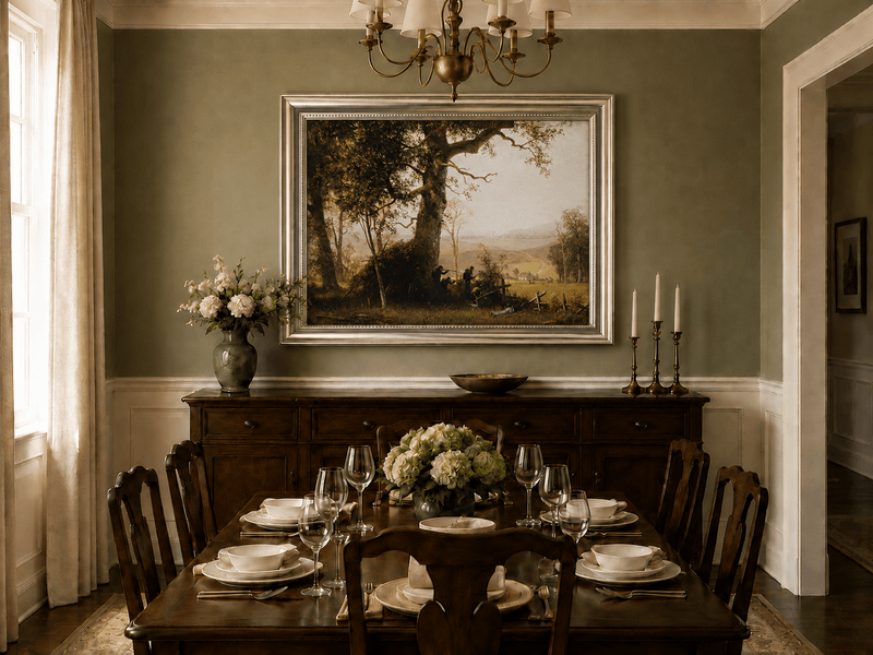 Framed hand-painted historical landscape oil painting with a battle scene in the forest displayed above a formal dining table.