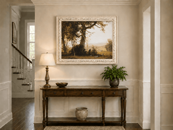 Framed hand-painted historical landscape oil painting with a battle scene in the forest displayed above an entryway console table.