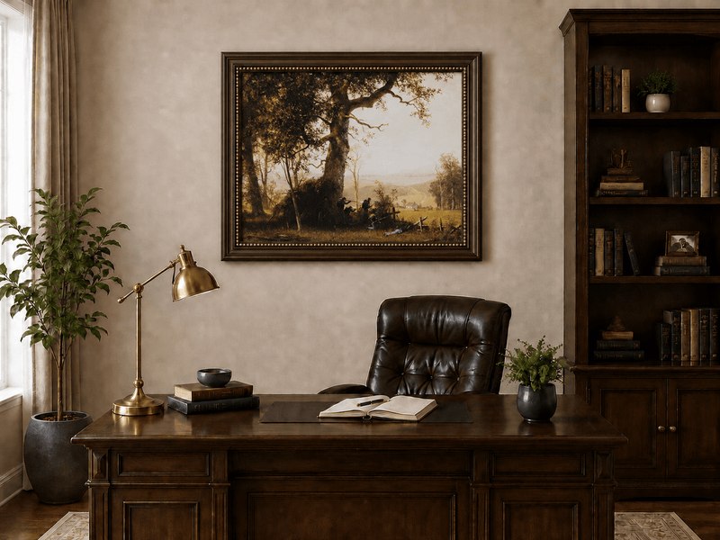 Framed hand-painted historical landscape oil painting with a battle scene in the forest displayed above a traditional home office desk.