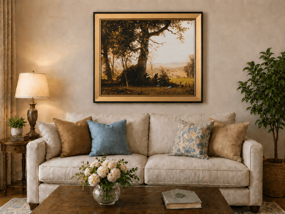 Framed hand-painted historical landscape oil painting with a battle scene in the forest displayed above a neutral living room sofa.