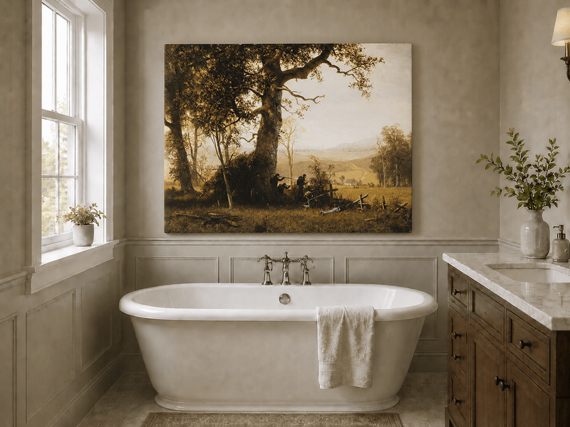 Unframed hand-painted historical landscape oil painting with a battle scene in the forest displayed above a freestanding bathtub.