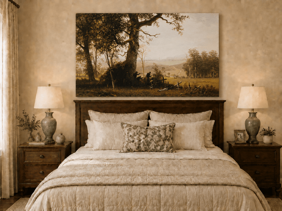 Unframed hand-painted historical landscape oil painting with a battle scene in the forest displayed above a wooden bed in a neutral bedroom.