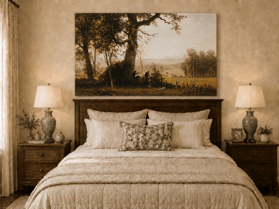 Unframed hand-painted historical landscape oil painting with a battle scene in the forest displayed above a wooden bed in a neutral bedroom.