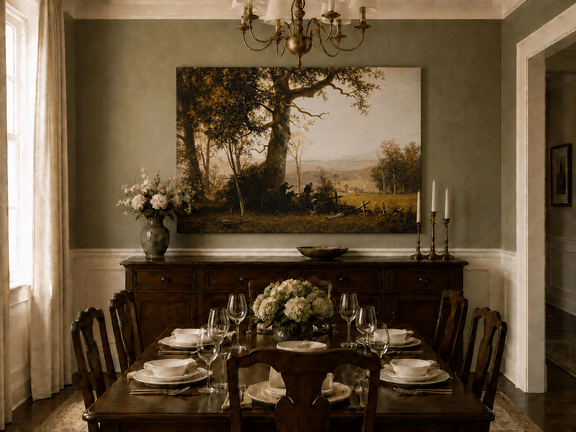 Unframed hand-painted historical landscape oil painting with a battle scene in the forest displayed above a formal dining table.