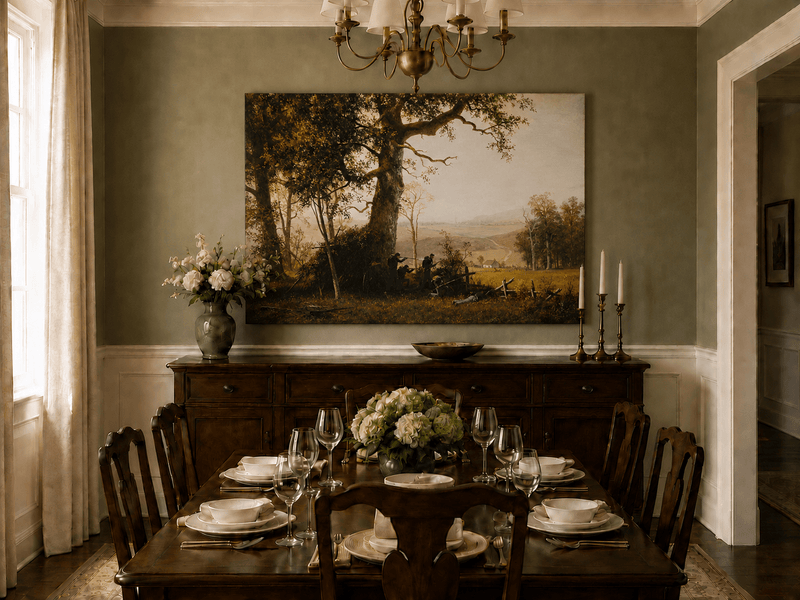 Unframed hand-painted historical landscape oil painting with a battle scene in the forest displayed above a formal dining table.