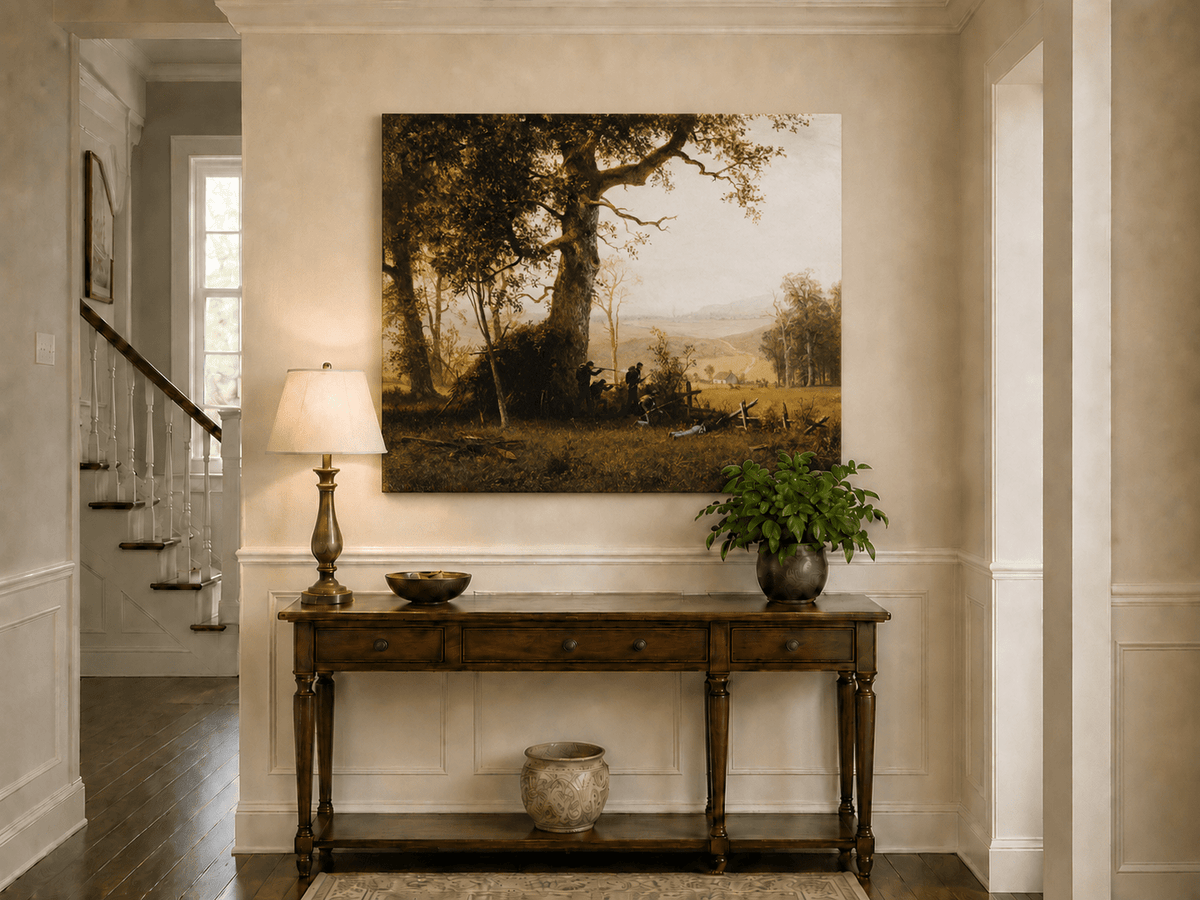 Unframed hand-painted historical landscape oil painting with a battle scene in the forest displayed above an entryway console table.