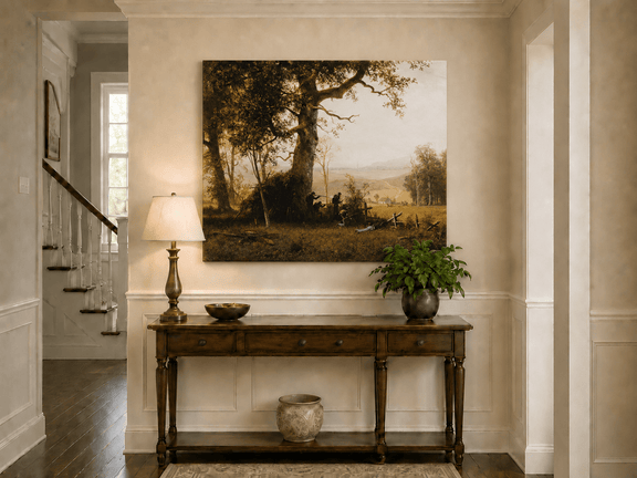 Unframed hand-painted historical landscape oil painting with a battle scene in the forest displayed above an entryway console table.