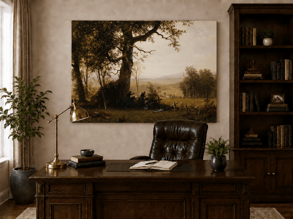 Unframed hand-painted historical landscape oil painting with a battle scene in the forest displayed above a traditional home office desk.