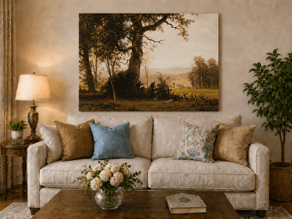 Unframed hand-painted historical landscape oil painting with a battle scene in the forest displayed above a neutral living room sofa.