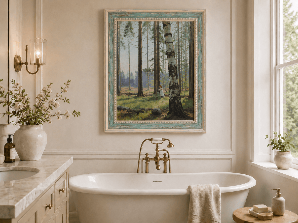 Framed hand-painted birch forest oil painting with a lone figure among white trunks displayed above a freestanding bathtub.