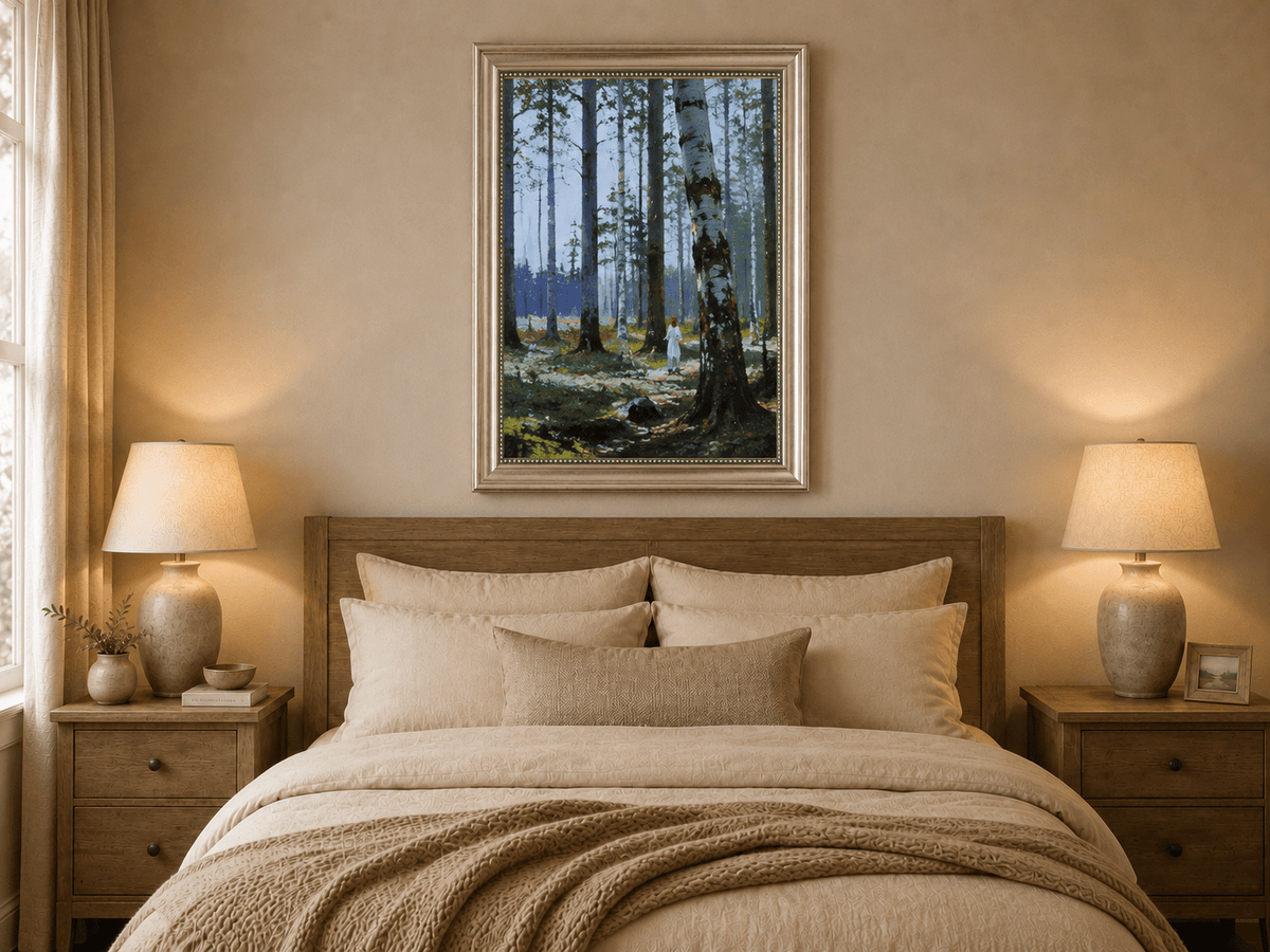 Framed hand-painted birch forest oil painting with a lone figure among white trunks displayed above a wooden bed in a neutral bedroom.