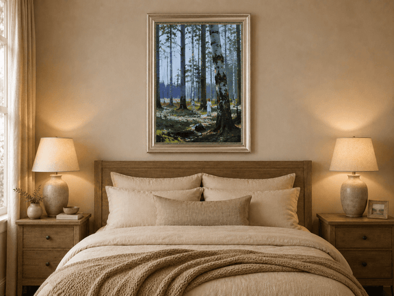 Framed hand-painted birch forest oil painting with a lone figure among white trunks displayed above a wooden bed in a neutral bedroom.