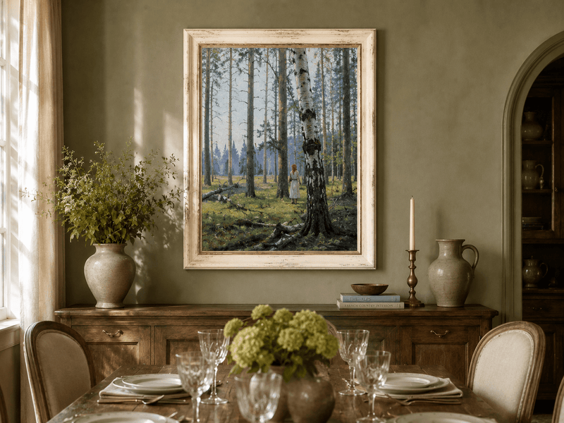 Framed hand-painted birch forest oil painting with a lone figure among white trunks displayed above a formal dining table.