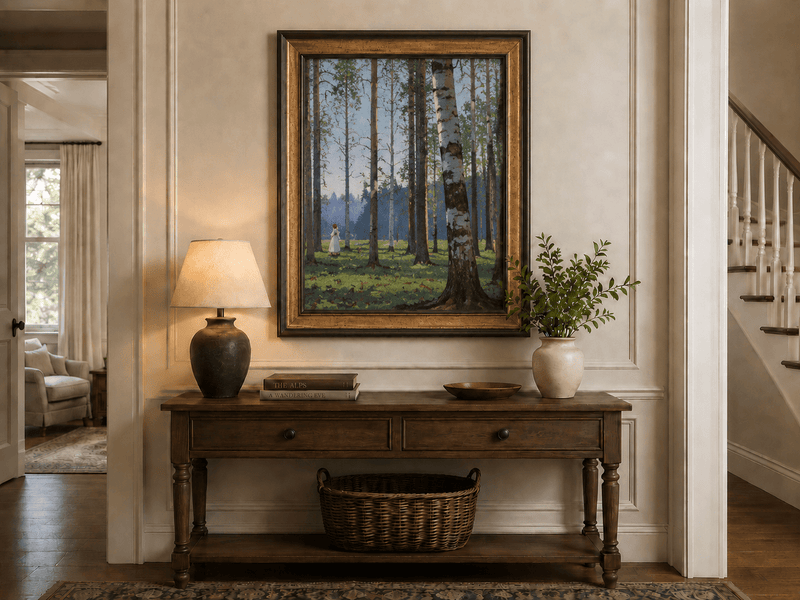 Framed hand-painted birch forest oil painting with a lone figure among white trunks displayed above an entryway console table.
