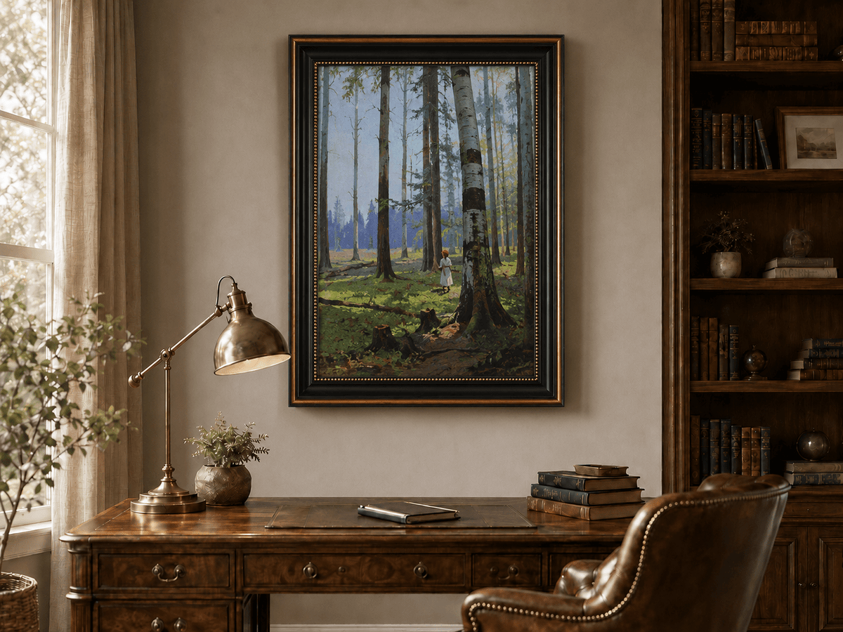 Framed hand-painted birch forest oil painting with a lone figure among white trunks displayed above a traditional home office desk.