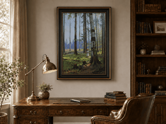 Framed hand-painted birch forest oil painting with a lone figure among white trunks displayed above a traditional home office desk.
