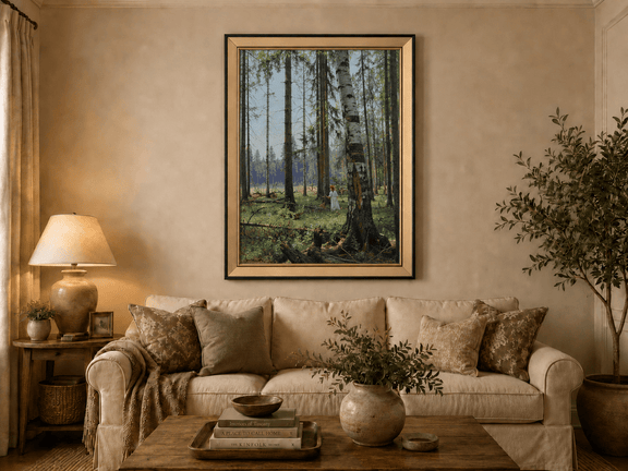 Framed hand-painted birch forest oil painting with a lone figure among white trunks displayed above a neutral living room sofa.