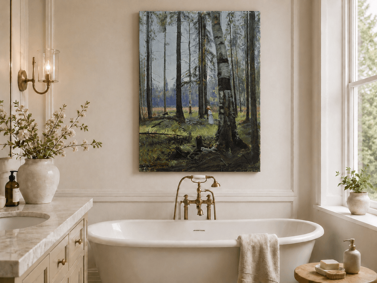 Unframed hand-painted birch forest oil painting with a lone figure among white trunks displayed above a freestanding bathtub.