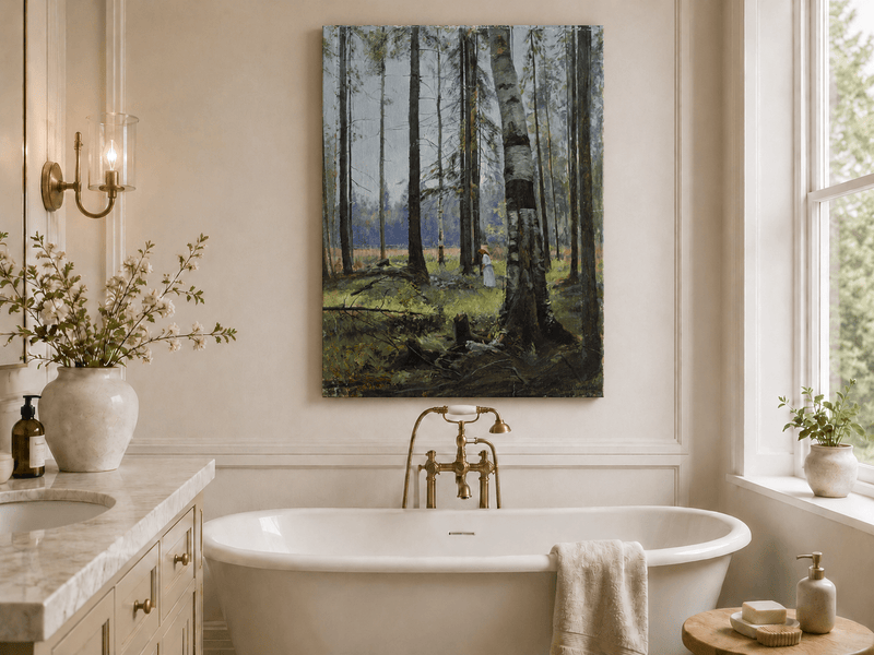 Unframed hand-painted birch forest oil painting with a lone figure among white trunks displayed above a freestanding bathtub.
