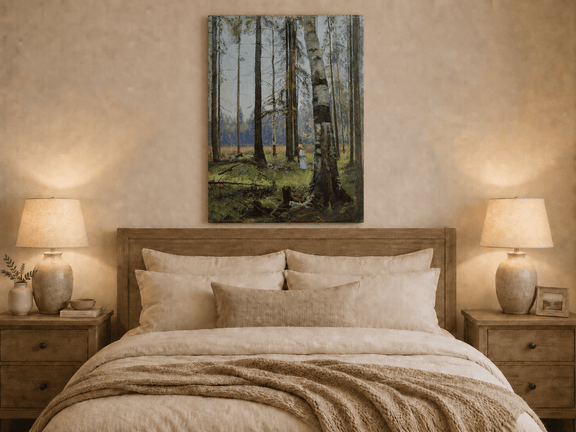 Unframed hand-painted birch forest oil painting with a lone figure among white trunks displayed above a wooden bed in a neutral bedroom.