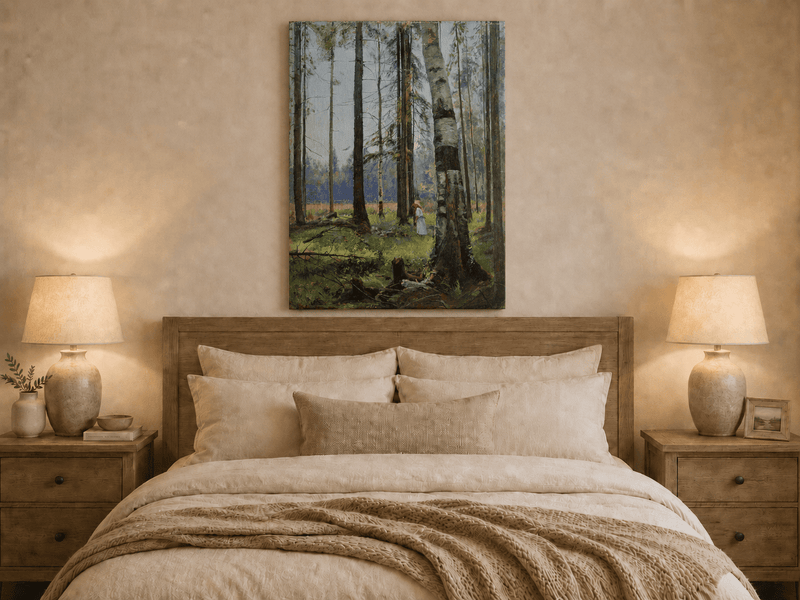 Unframed hand-painted birch forest oil painting with a lone figure among white trunks displayed above a wooden bed in a neutral bedroom.