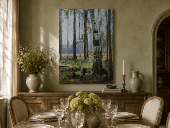 Unframed hand-painted birch forest oil painting with a lone figure among white trunks displayed above a formal dining table.