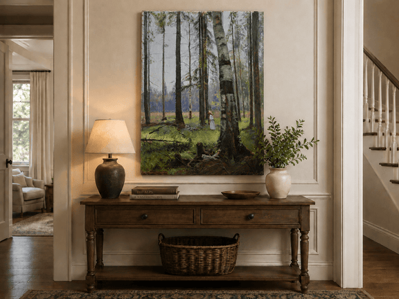 Unframed hand-painted birch forest oil painting with a lone figure among white trunks displayed above an entryway console table.