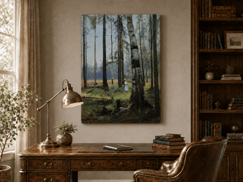 Unframed hand-painted birch forest oil painting with a lone figure among white trunks displayed above a traditional home office desk.