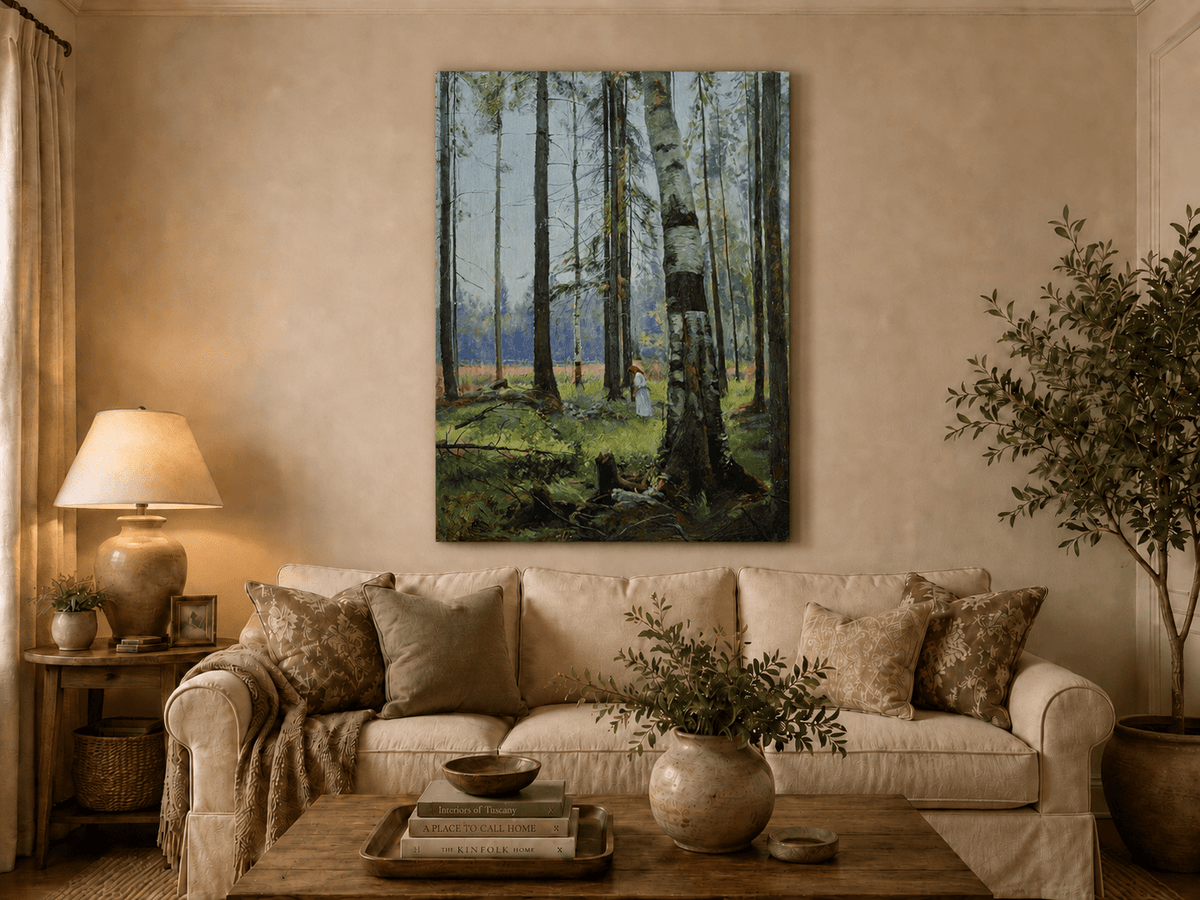 Unframed hand-painted birch forest oil painting with a lone figure among white trunks displayed above a neutral living room sofa.