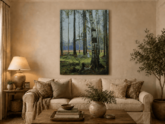 Unframed hand-painted birch forest oil painting with a lone figure among white trunks displayed above a neutral living room sofa.