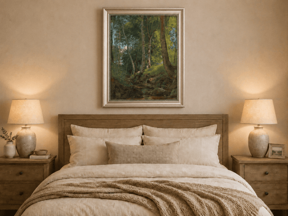 Framed hand-painted birch forest oil painting with a rocky stream displayed above a wooden bed in a neutral bedroom.