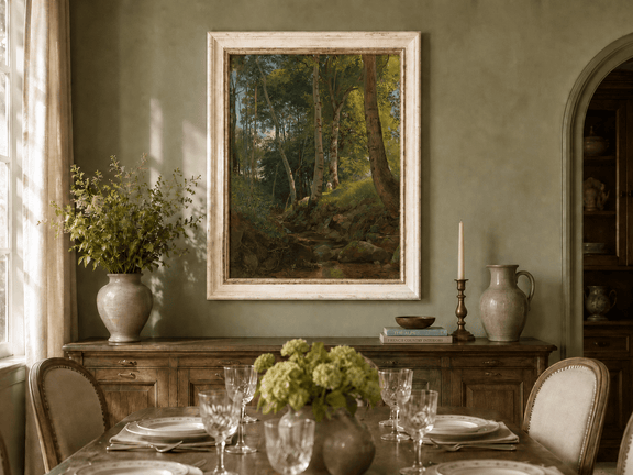 Framed hand-painted birch forest oil painting with a rocky stream displayed above a formal dining table.