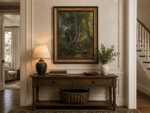Framed hand-painted birch forest oil painting with a rocky stream displayed above an entryway console table.