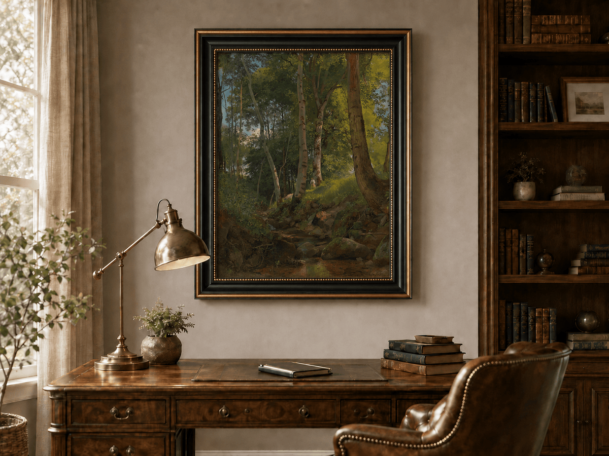 Framed hand-painted birch forest oil painting with a rocky stream displayed above a traditional home office desk.